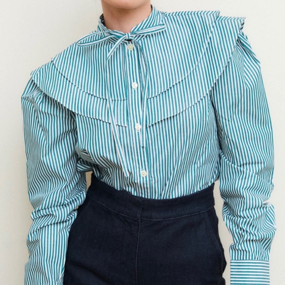 Taibs Double Collar Shirt in Green Stripe, Size M, NWOT